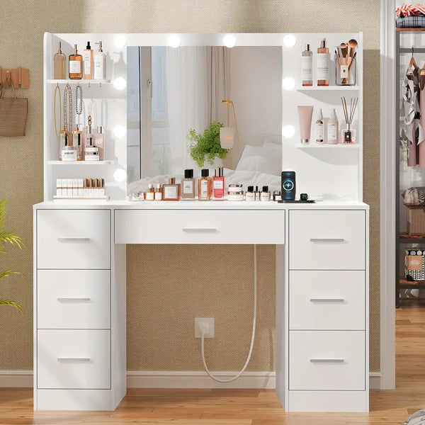VelluraBeauty Makeup Vanity Table – 7 Drawers, LED Mirror & Handy Storage Shelves
