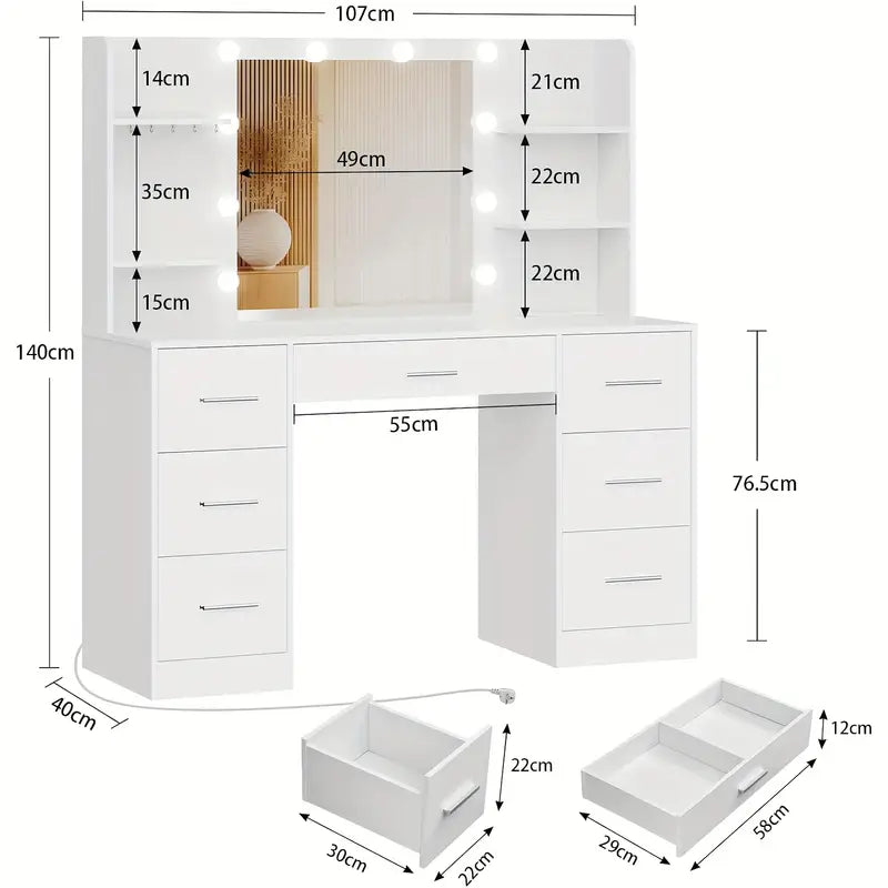 VelluraBeauty Make-up Kaptafel – 7 Lades, LED Spiegel & Handige Opbergplanken
