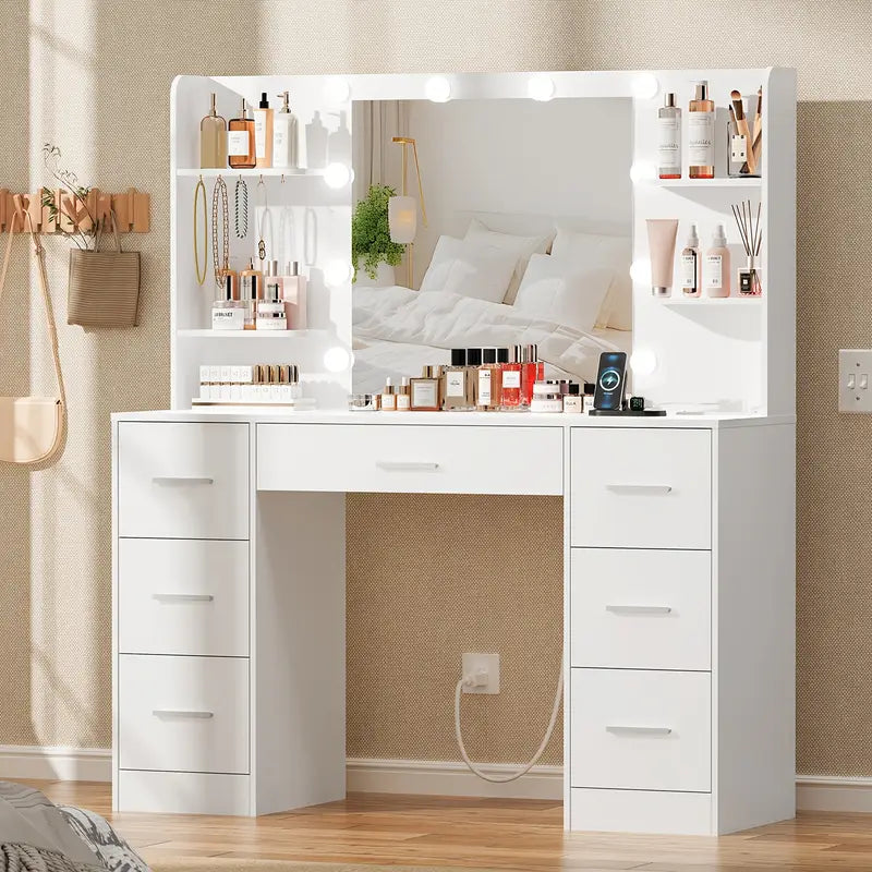 VelluraBeauty Make-up Kaptafel – 7 Lades, LED Spiegel & Handige Opbergplanken